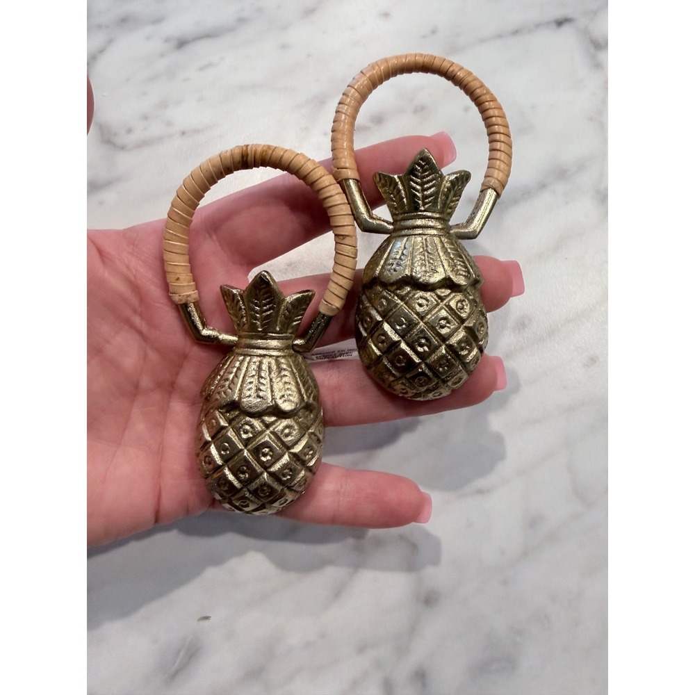 Pineapple Cabinet Door Pulls Handles Brass Tone Rattan Style Set of 2